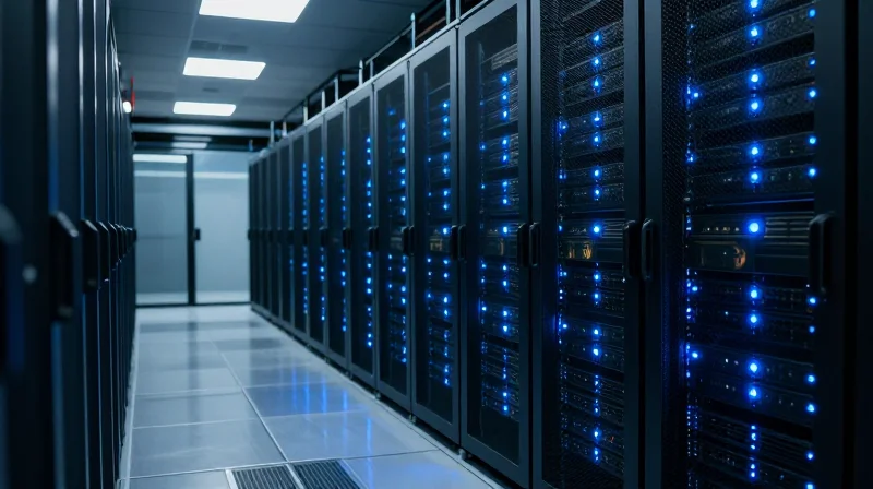 A high-tech data center hallway with blue ambient lighting and rows of networking racks.