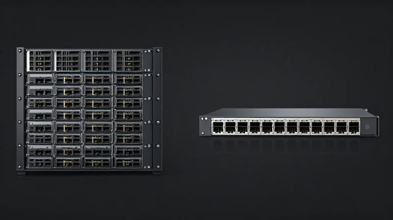 Side-by-side comparison of a large modular networking chassis and a compact fixed-configuration switch.