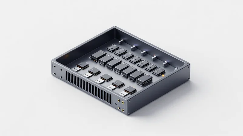 Isometric 3D view of a modular switch showing components being added for scalability.