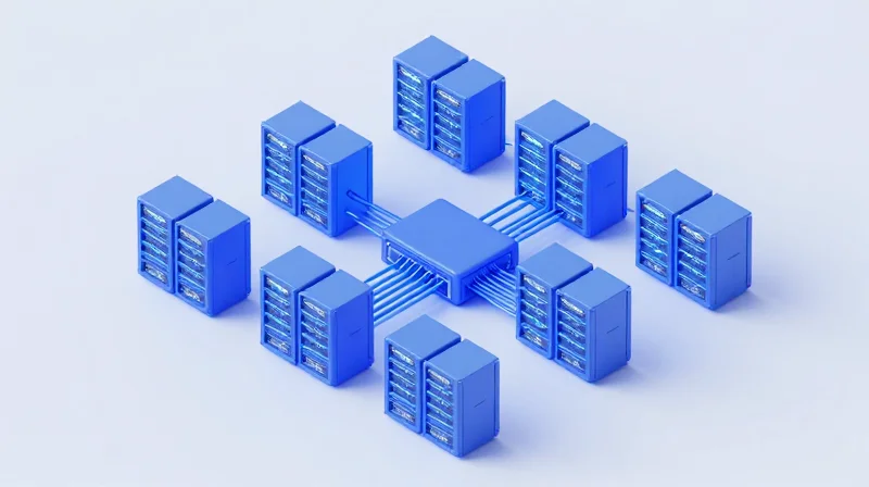 The Strategic Importance of Core Switch Modules in Enterprise Networks Isometric 3D view of an enterprise network architecture with a central core switch module connecting multiple server clusters.