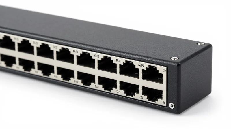 Ubytelink's Engineering Excellence: Hardware Specifications Macro shot of the high-density port layout and metallic finish of an enterprise network switch module.