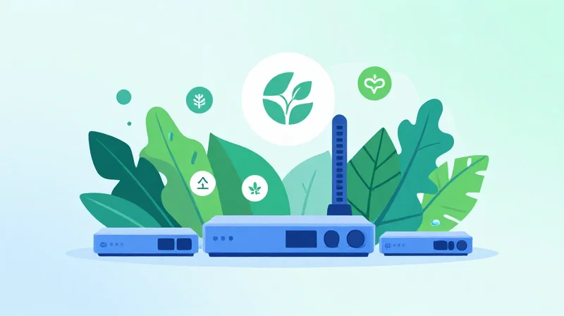 Energy Efficiency and Sustainability in Core Networking Abstract conceptual illustration combining network hardware with green leaves to represent energy efficiency.