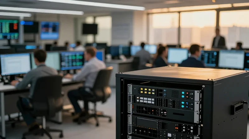Deployment Scenarios: From Financial Hubs to Research Labs A professional networking scene in a high-tech financial hub environment.