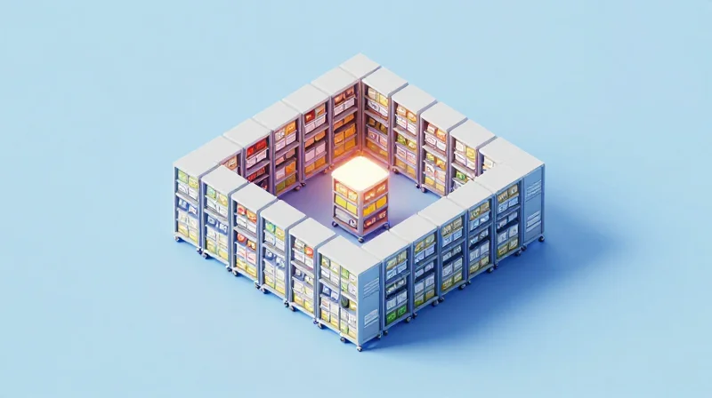 Maximizing Operational Efficiency: Reducing Inventory Complexity Isometric 3D illustration of a modern logistics network consolidating multiple product modules into one streamlined system.