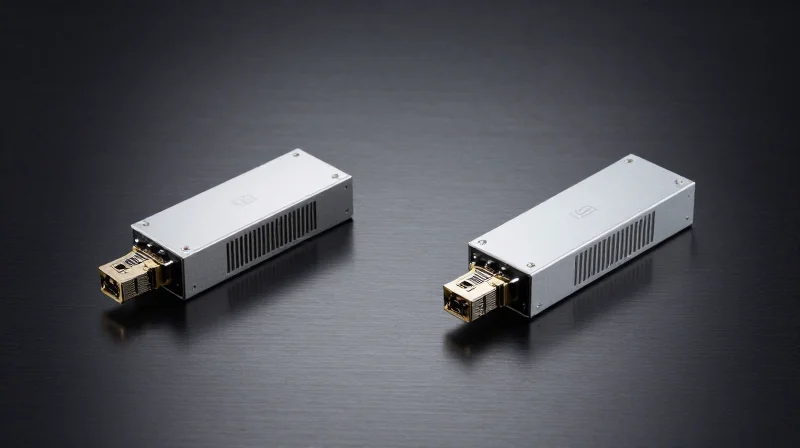 Technical Deep Dive: SFP+ and XFP Tunable Form Factors Two different types of optical transceivers side-by-side on a dark technical surface showing form factor differences.