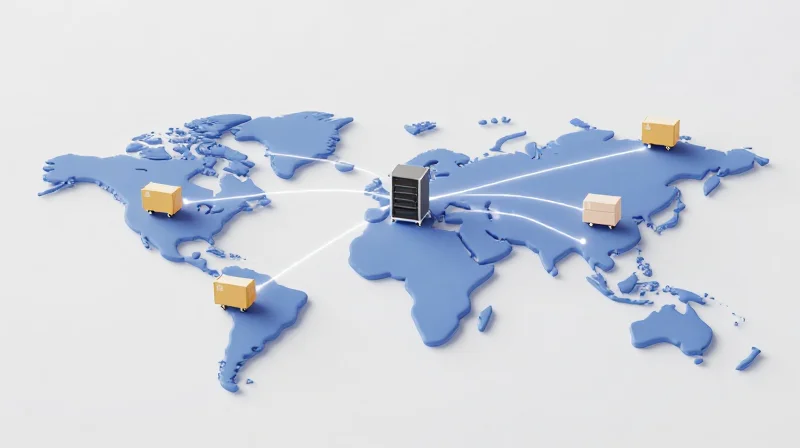 Navigating the Global Supply Chain for Networking Hardware Isometric 3D model of a global supply chain network showing hardware distribution routes across a digital map.