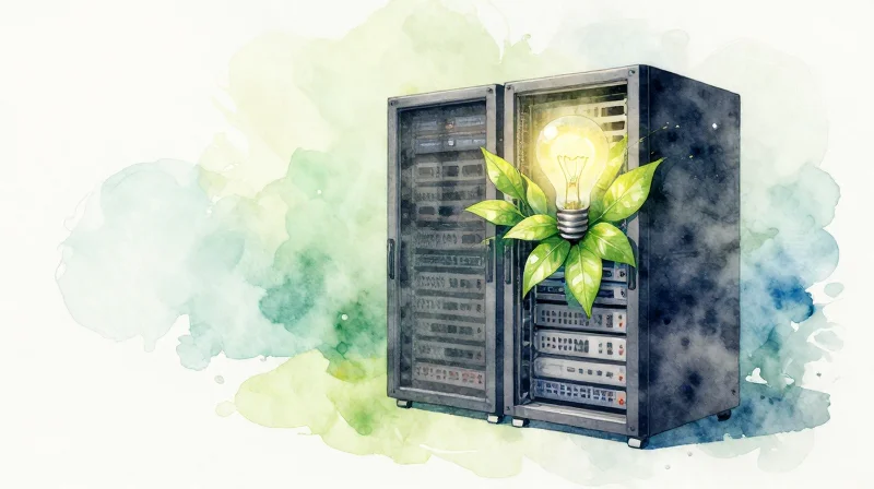 Sustainability and Energy Efficiency in Core Switching Artistic watercolor painting blending technology with nature to represent energy-efficient data center operations.