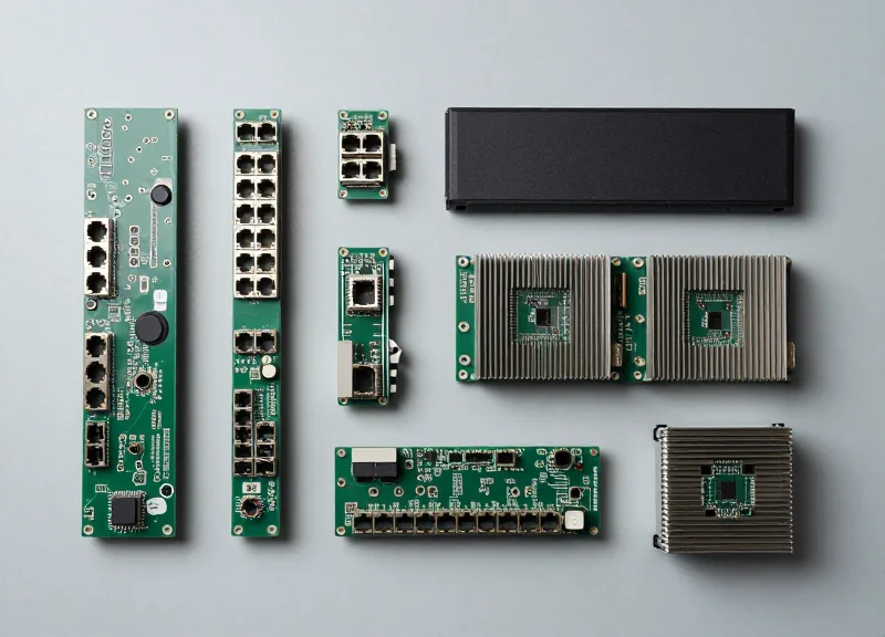 A top-down view of several enterprise-grade network switch modules and electronic components arranged neatly on a professional anti-static surface.