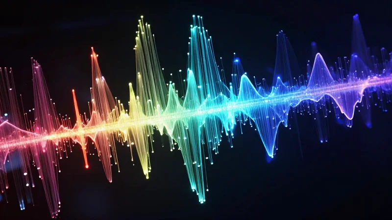 Maximizing Throughput with DWDM and Optical Layer Optimization Abstract visualization of multi-colored light waves passing through a fiber optic cable representing DWDM.