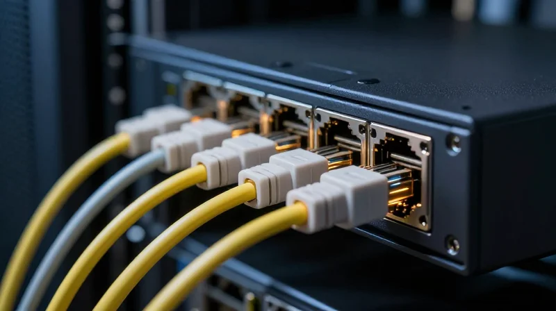 Future-Proofing: Transitioning to 400G and 800G Ethernet Close-up of high-speed fiber optic connectors and cables in a modern data center.