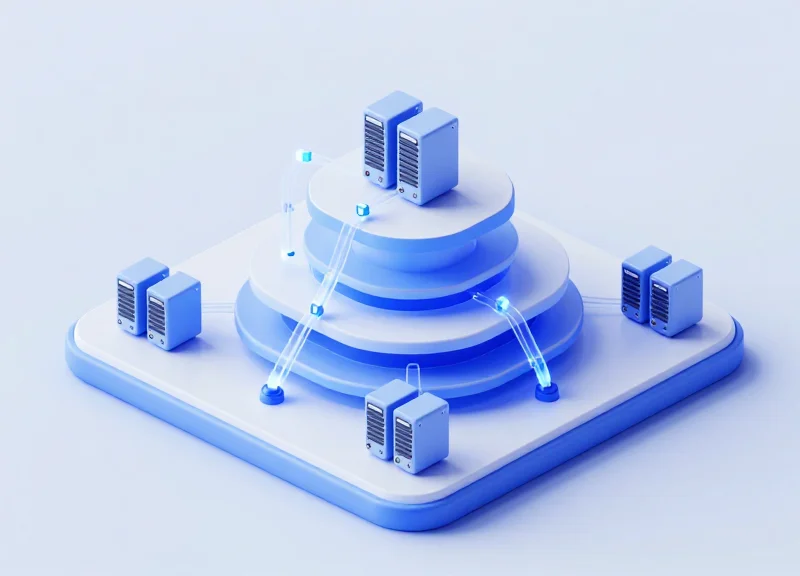 Isometric 3D illustration of a modernized ISP network infrastructure with glowing data nodes and interconnected fiber optic lines on a clean background.