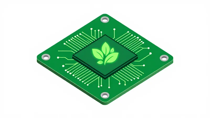 Power Consumption and Sustainability in Network Design A conceptual illustration of an efficient ASIC processor chip integrated with green energy elements.