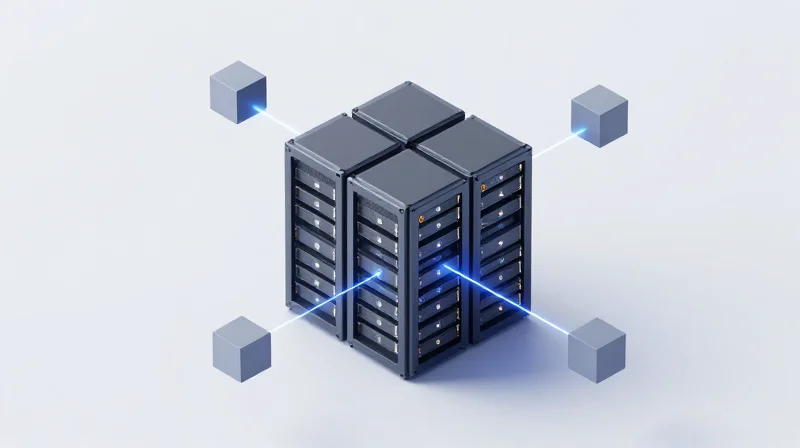 Scalability and Elasticity in High-Traffic Environments Isometric 3D visualization of modular data center components expanding to show scalability.