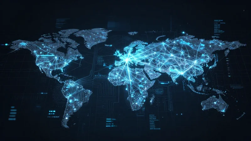 AI and Predictive Routing in Network Optimization A digital neural network representing AI-driven predictive routing over a network grid.