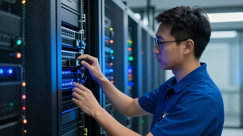 Global Deployment Case Studies A professional technician working in a high-tech data center with glowing server racks.