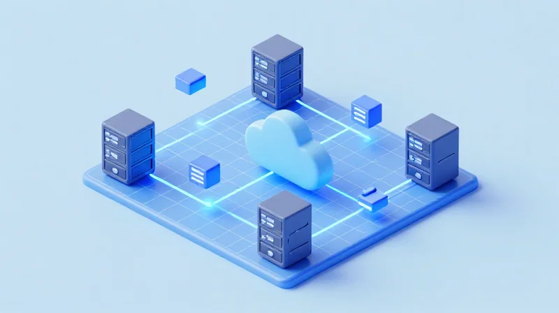 Integration and Scaling: From Purchase to Deployment An isometric 3D model of a server network being deployed and scaled within a global infrastructure.