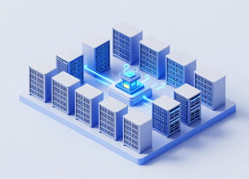 Isometric 3D illustration of a large-scale network server farm with glowing data connections and modular infrastructure, representing bulk ISP optimization.