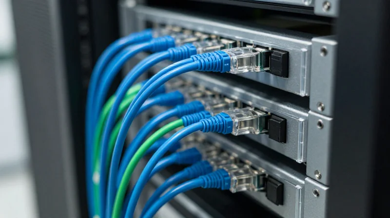 A high-tech server room with glowing fiber optic patch cables and networking hardware in a clean, professional data center.