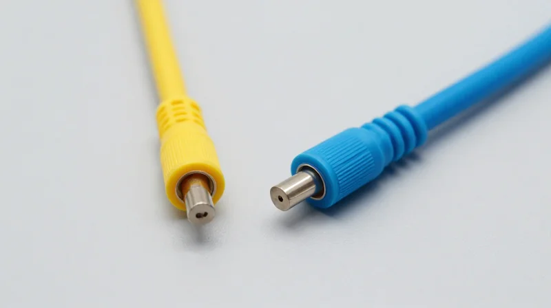 Side-by-side comparison showing a yellow Single-Mode fiber cable and an aqua Multi-Mode fiber cable with cross-section details.