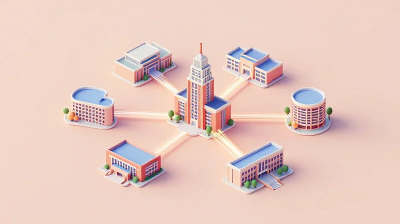 An isometric 3D illustration of a university campus layout with glowing network lines connecting buildings in a star topology.