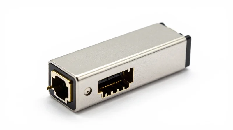 A high-precision SFP+ optical transceiver module shown in a close-up product shot with a metallic finish.