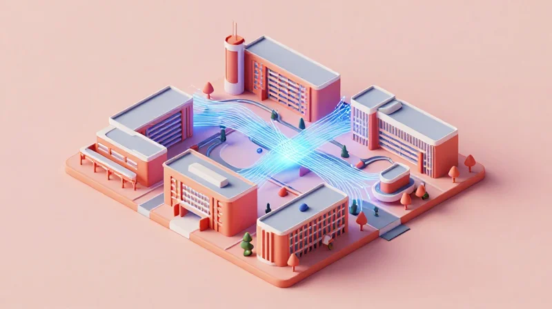 The Evolution of Campus Networking Infrastructure Isometric 3D illustration of a university campus with glowing blue fiber optic lines connecting modern white buildings.
