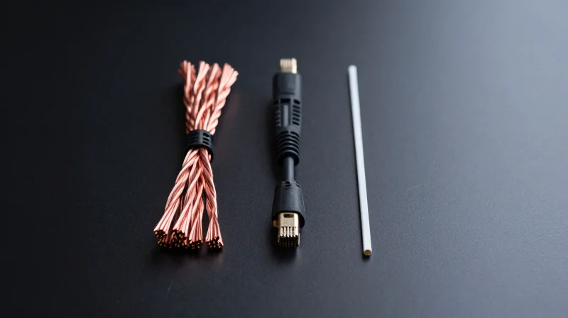 Copper vs. Fiber: Distance and Signal Integrity Limits Professional side-by-side shot of a thick copper cable bundle and a slim fiber optic cable showing the physical scale difference.