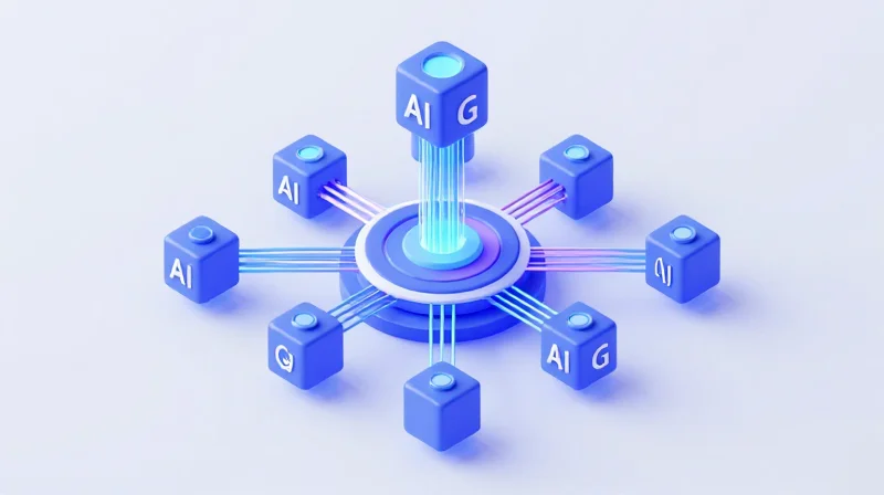 Future-Proofing: Scalability for 5G, IoT, and AI Isometric 3D model of a network hub connecting AI nodes and 5G transmitters via fiber optics.