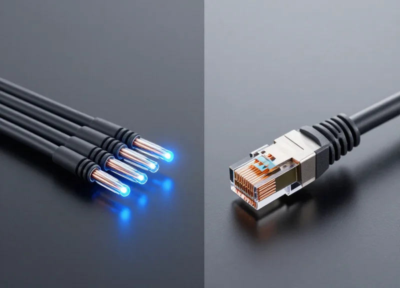 A side-by-side visual comparison showing a bundle of glowing blue fiber optic cables on one side and a traditional copper ethernet cable on the other, set against a sleek dark tech background.