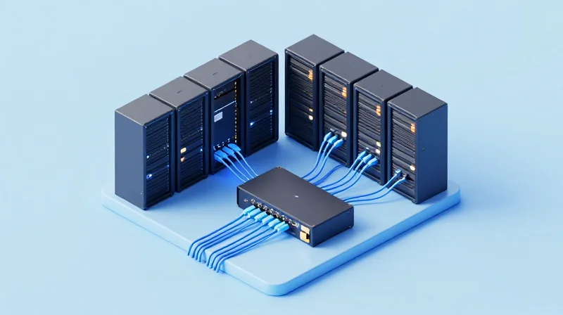 Seamless Interoperability and Multi-Vendor Compatibility Isometric 3D illustration showing various networking components interconnected in a data center environment.