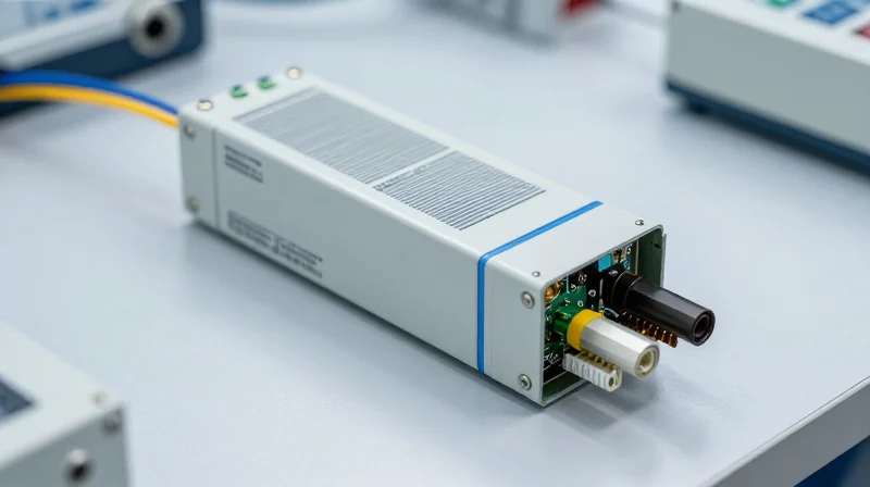Quality Assurance: The Ubytelink Zero-Failure Protocol A fiber optic module undergoing quality assurance testing in a high-tech lab setting.