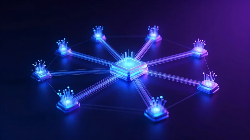 Future-Proofing for AI, Cloud, and Edge Computing Futuristic abstract visualization of AI and Cloud nodes interconnected by fiber optic data paths.