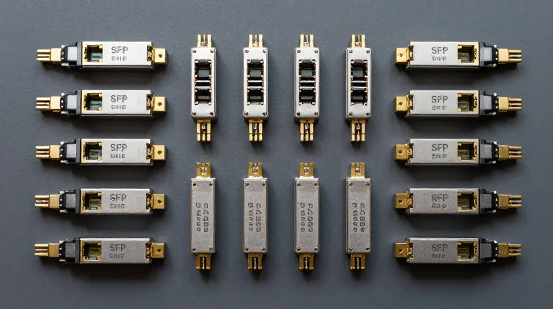 Why Choose Wholesale Procurement for Fiber Modules? A flat lay photography of multiple fiber optic transceiver modules organized neatly on a dark industrial surface.