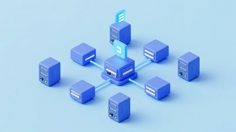 Ensuring Interoperability in Multi-Vendor Environments Isometric 3D illustration of a modular network system with interconnected server nodes and glowing connection lines.