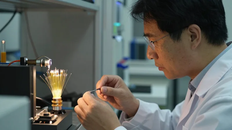 Quality Assurance and EEAT Compliance in Manufacturing A quality control engineer in a laboratory setting inspecting fiber optic components under professional lighting.