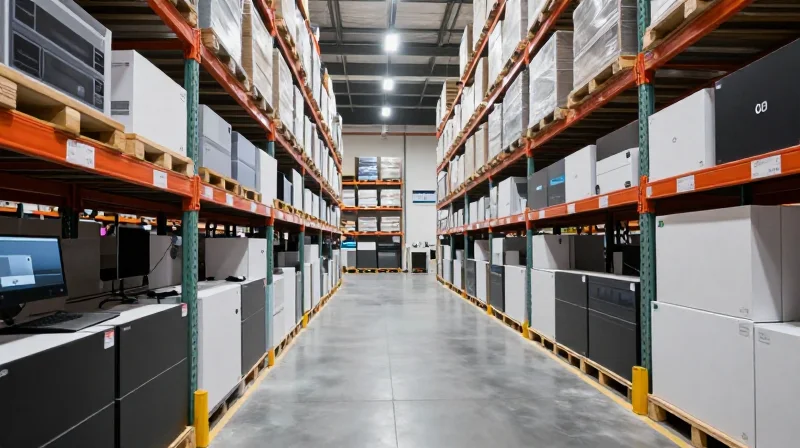 Streamlining Global Logistics and Lead Times A wide-angle view of a modern high-tech warehouse with organized boxes of networking equipment on shelves.