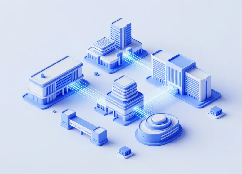 Isometric 3D view of a modern university campus connected by glowing fiber optic lines representing high-speed network infrastructure and wholesale connectivity solutions.