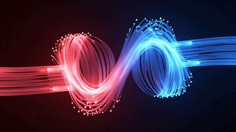 The Science of Single-Fiber WDM Abstract visualization of two different light wavelengths traveling through a single fiber.