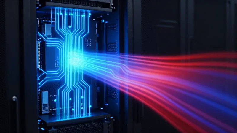 Abstract tech visualization of energy efficiency and cooling in network hardware.