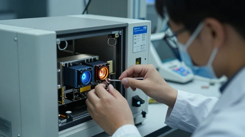 A professional technician testing optical modules in a high-tech laboratory environment.
