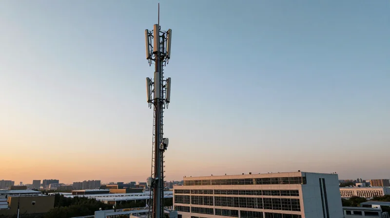 Modern 5G telecommunication tower and data center infrastructure symbolizing high-speed connectivity.