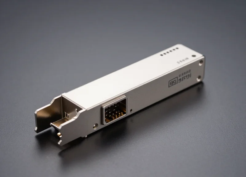 A high-quality 10G SFP+ BIDI transceiver module with a metallic finish and optical fiber port, set against a clean background with professional studio lighting.