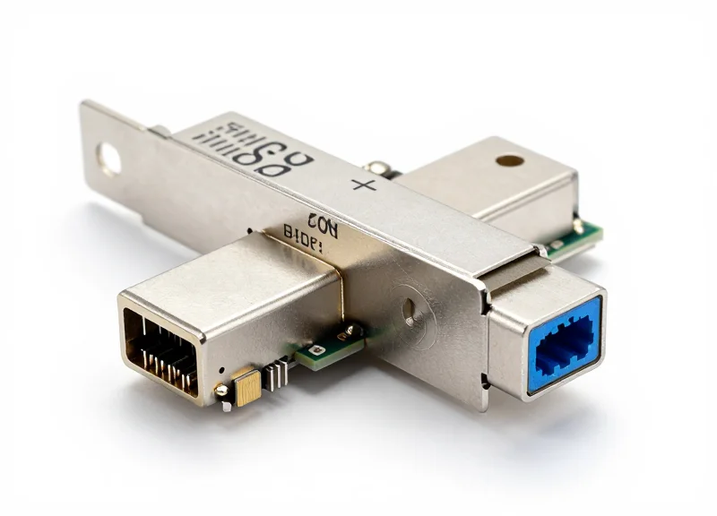 A high-quality 10G SFP+ BIDI transceiver module with metallic finish and blue latch, captured in a professional studio setting on a clean background.