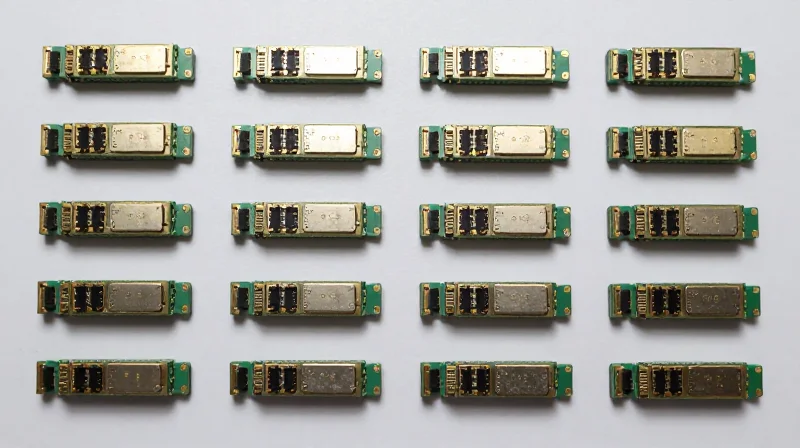Why Wholesale Sourcing is Essential for Large-Scale Network Deployment A flat lay photo of numerous SFP+ modules organized in a neat grid for wholesale.