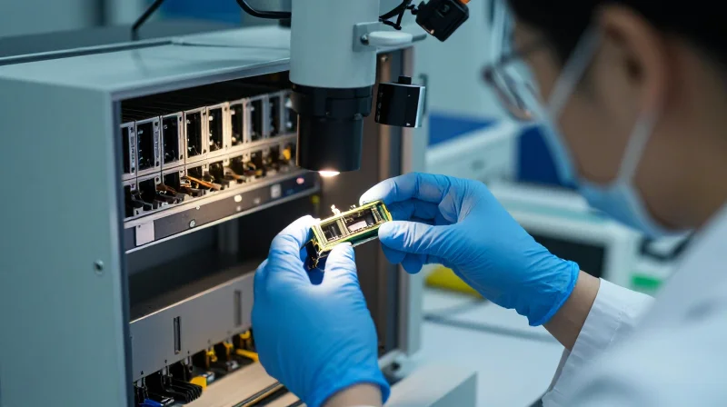 Quality Assurance and Testing: Maximizing Reliability in Mission-Critical Links A technician inspecting an optical module in a professional laboratory setting.