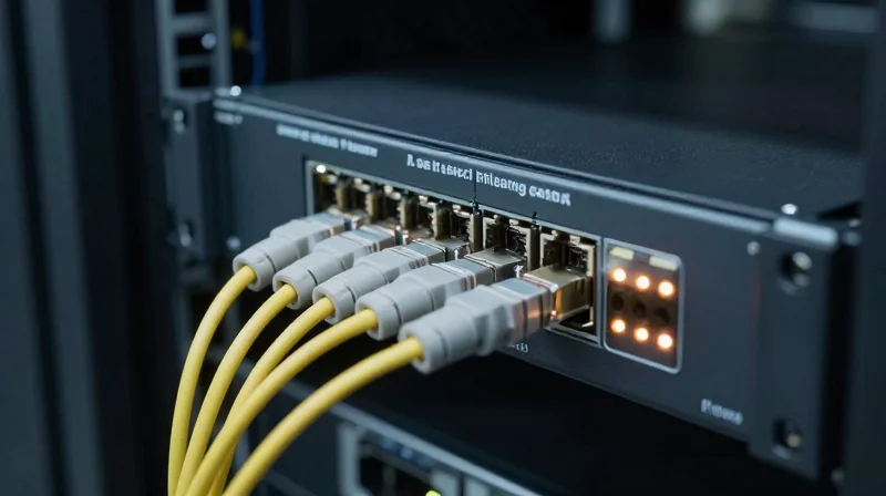 Rigorous Testing Protocols for High-Speed Networks Photorealistic view of a technical lab environment with network transceivers and fiber optic cables under testing.