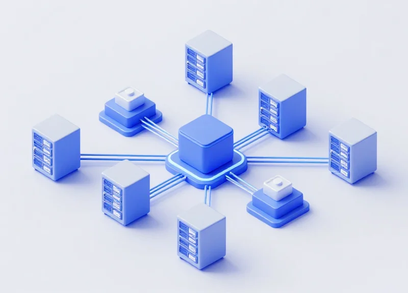 An isometric 3D illustration of a modular networking infrastructure showing interconnected server modules and glowing data nodes in a clean, modern aesthetic.