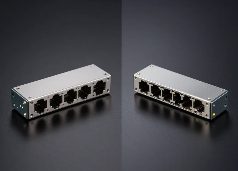 A side-by-side comparison layout showing professional networking transceiver modules on a sleek dark surface with split lighting to represent the choice between brand-name and alternative solutions.
