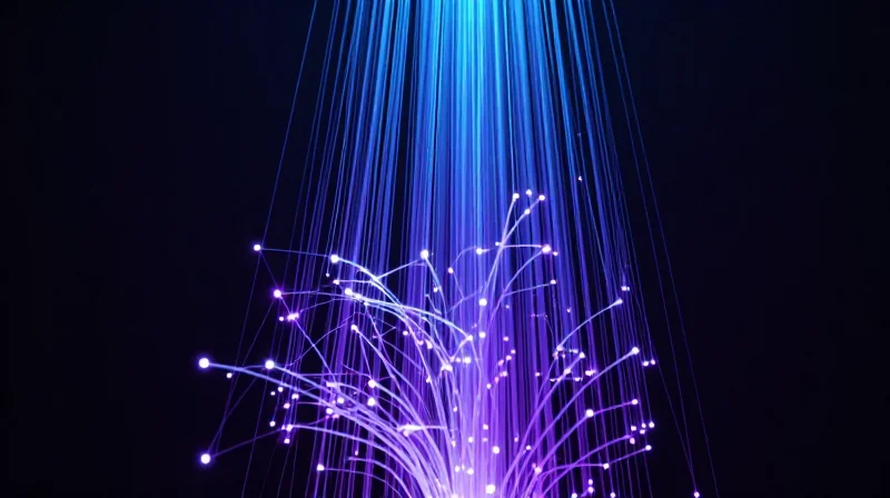 The Evolution of Network Compatibility Standards Abstract data visualization showing the evolution from simple nodes to complex fiber optic light streams.