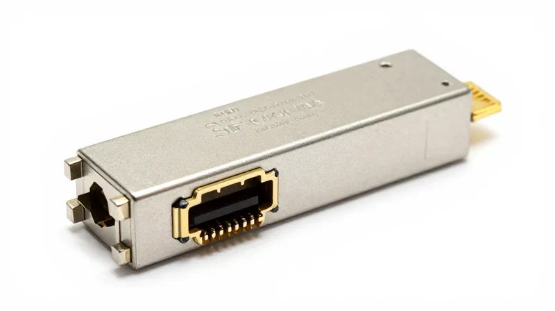 Ubytelink Cisco Compatibility Mastery: Defining the Standard A high-end optical transceiver module with metallic finish on a pure white background.